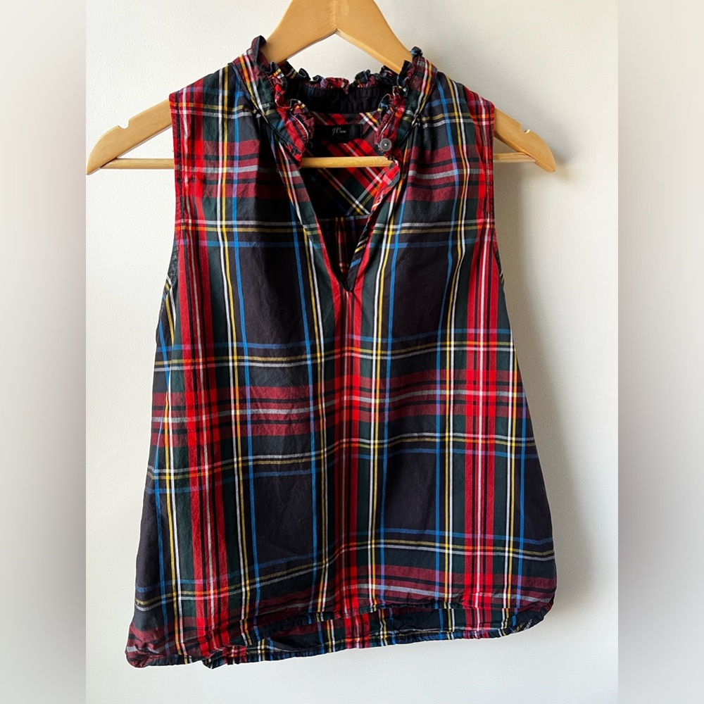 J CREW Stewart Plaid Ruffle Neck Blouse Top Shirt Poplin Tartan Cotton Keyhole 2 - Picture 2 of 6